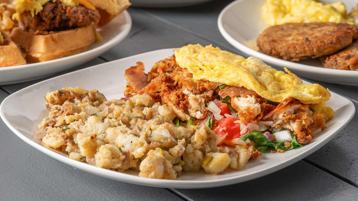 Ultimate omelette with crispy chicken, bacon and heavenly potatoes