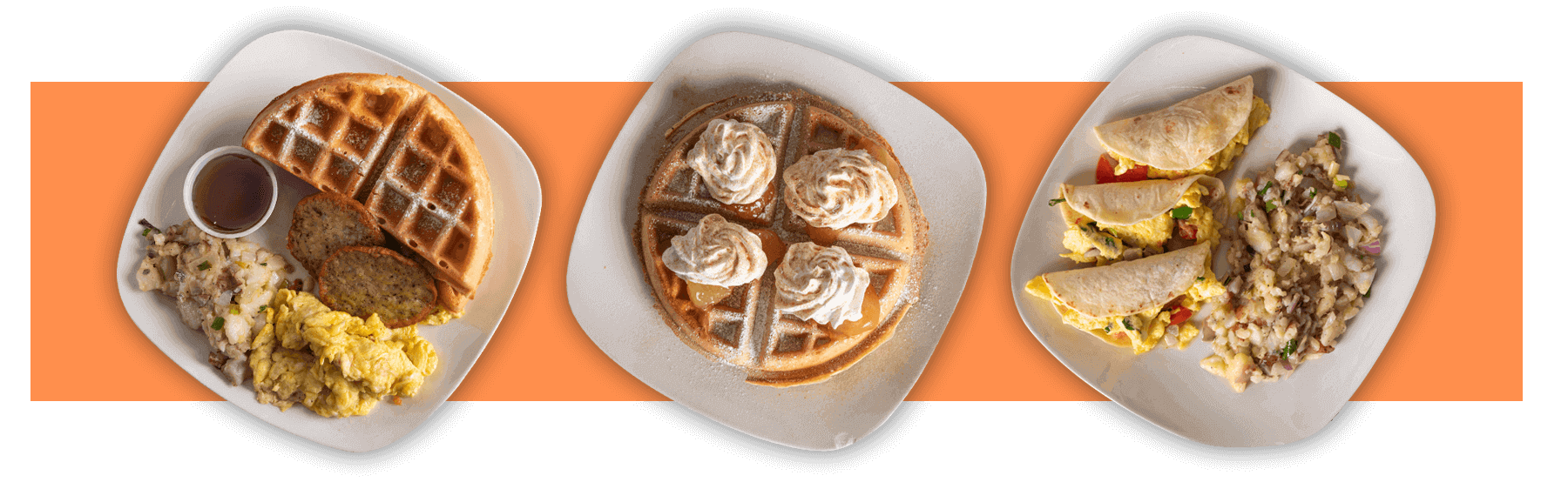 Three Heavenly breakfast plates: waffle with eggs, peach waffle and breakfast tacos