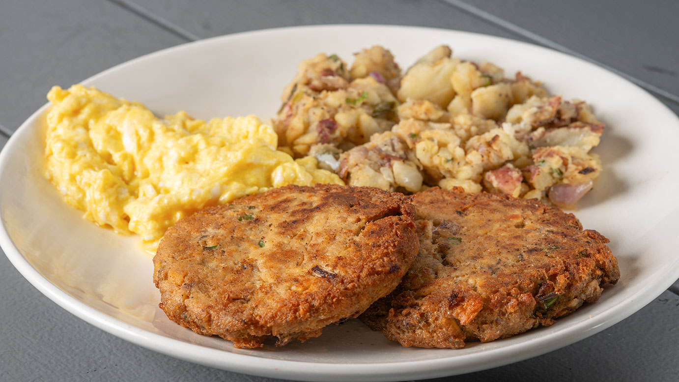 Salmon croquettes with scrambled eggs and heavenly potatoes
